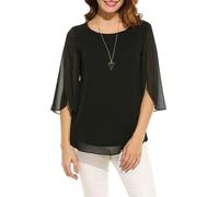 Timuspo - Blusa de manga media de gasa para mujer, camiseta de verano con cuello redondo, túnica fluida de doble capa, Negro Puro, XL