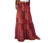 Timuspo Falda larga y elegante para mujer, estilo bohemio, informal, de línea A, color liso, con bolsillos, cintura alta, para la playa, para el tiempo libre, Boho rojo, XL