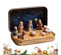 Tin Nativity Set, Portable Mini 3D Ornament, Decorative Holy Family Scene, Christmas Figurines with Collectible Tin Box Storage, Religious Display for Desk Shelf Office Bedroom Living Room Decoration