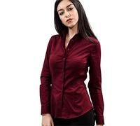 Tina Ferrà Camisa de mujer de color liso popelín elastano, camisa de botones de manga larga para mujer, camisa artesanal elegante con cuello italiano, 100% fabricada en Italia, burdeos, L
