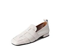 TinaCus Mocasines planos de piel suave con punta cuadrada trenzada, hechos a mano, para mujer, Blanco sucio, 36 EU