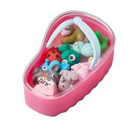 Tinc 10 gomas de borrar surtidas en una funda con forma de chancla (tema animal), incluyendo un perezoso, bulldog y unicornio, funda rosa/tapa transparente