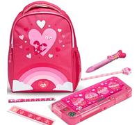 Tinc Mochila escolar para niños + estuche con compartimento + bolígrafo multicolor | Correas ajustables + soporte para botella | para la escuela, el hogar, niños y niñas | Mallo, arcoíris rosa