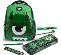 Tinc Mochila escolar para niños + estuche con compartimento + bolígrafo multicolor | Correas ajustables + soporte para botella | para la escuela, el hogar, niños y niñas | Hugga, verde camuflaje