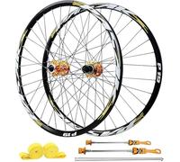 TINGMIAN Bicicleta de montaña 26 27.5 29 ruedas, freno de disco 32H borde de aleación de aluminio y bujes HG, rueda delantera 100 x 9 mm/trasera 135 10 compatible con 7-12 velocidades (dorado, 26