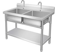 TINGMIAN Fregadero Comercial Exterior Acero Inoxidable 304 De 2 Compartimentos, Independiente con 2 Grifos, Ideal For Lavandería, Garaje, Cafetería O Bar(120x60x80cm)