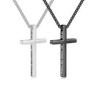 TINGN 2 cadenas de cruz para hombre y niño, cadena de acero inoxidable con colgante de cruz, collar de plata y negro, collar con texto para hombre, joyas, regalo, longitud de la cadena 47-61 cm, 51.0