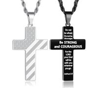 TINGN 2 collares de cruz para hombres y mujeres, collar de acero inoxidable con bandera de Estados Unidos, collar con colgante de cruz de plata y negro, versículo bíblico religioso, 22 inches, Acero