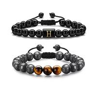 TINGN 2 Piezas Pulseras con Cuentas Iniciales para Hombres, 8mm Piedra de Lava de ojo de Tigre Pulsera de Obsidiana con Letras para Aliviar el Estrés con Cuentas de Yoga Pulseras para Hombres(H)