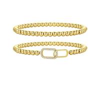 TINGN 2 pulseras de tono dorado para mujer, chapadas en oro de 14 quilates, delicadas pulseras de cruz de corazón de circonita cúbica, pulseras elásticas de cuentas hechas a mano, regalo de joyería