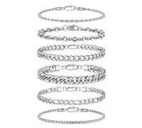 TINGN 5/6/8 piezas de acero inoxidable pulsera hombre plata pulseras para hombre Cuban Figaro cadena cadena pulsera conjunto joyas para hombres él padre amigo marido, 19 cm, Acero inoxidable