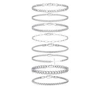 TINGN 5/6/8 piezas de acero inoxidable pulsera hombre plata pulseras para hombre Cuban Figaro cadena cadena pulsera conjunto joyas para hombres él padre amigo marido, 21 cm, Acero inoxidable
