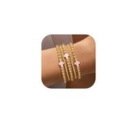TINGN 5 pulseras para mujer, chapado en oro de 14 quilates, pulseras de oro para mujer, conjuntos de pulseras para mujeres y niñas, perlas de bola, pulsera ajustable, 17,8 cm, Cobre