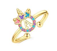 TINGN Anillos de unicornio para niñas, no se deslustran, chapados en oro de 14 quilates, anillos ajustables de la A a la Z para niñas y niños, anillo colorido con inicial de unicornio, regalo de