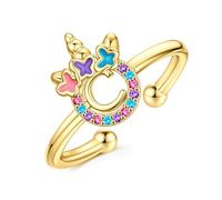 TINGN Anillos de unicornio para niñas, no se deslustran, chapados en oro de 14 quilates, anillos ajustables de la A a la Z para niñas y niños, anillo colorido con inicial de unicornio, regalo de