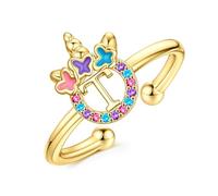 TINGN Anillos de unicornio para niñas, no se deslustran, chapados en oro de 14 quilates, anillos ajustables de la A a la Z para niñas y niños, anillo colorido con inicial de unicornio, regalo de
