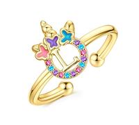 TINGN Anillos de unicornio para niñas, no se deslustran, chapados en oro de 14 quilates, anillos ajustables de la A a la Z para niñas y niños, anillo colorido con inicial de unicornio, regalo de