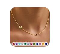 TINGN Collar de oro con inicial de piedra natal para mujeres y niñas, chapado en oro de 14 quilates, delicado y bonito collar personalizado con inicial A-Z para mujer, joyería de regalo de cumpleaños