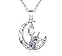 TINGN Collar de Unicornio Regalo para Niñas, Chapado en Oro Blanco de 14 Quilates con Inicial G de Unicornio Collares Colgante de Luna Creciente Cadena de Unicornio Collar de Unicornio Regalos