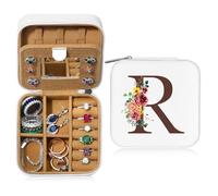 TINGN Initiale Joyero pequeño joyero con nombre inicial R y flor joyero organizador de viaje caja con espejo para mujer niña regalo para cumpleaños, Navidad, Día de la Madre