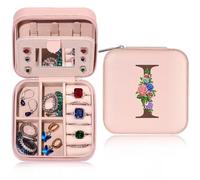 TINGN Joyero personalizado inicial de viaje con nombre I y flor Joyero pequeño joyero para mujer niña regalo para cumpleaños, Navidad, Día de la Madre