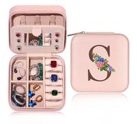 TINGN Joyero personalizado para niñas con inicial S flor pequeña joyero de viaje con espejo para mujer niña regalo para cumpleaños Navidad día de la madre boda