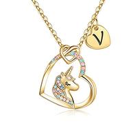 TINGN Oro Unicornio Regalos para Niña Collar Mujer, Corazón Dorado Colgante Unicornio Collares para Niñas Mujeres Cadena con Letra V Unicornio Collar Joyería Unicornio Regalos para Niñas Mujeres