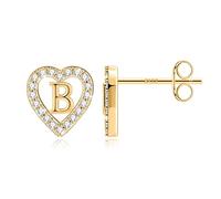 TINGN Pendientes con letra para niña, chapados en oro de 14 quilates, pendientes de corazón para niños, pendientes sin níquel, pendientes con circonitas, regalos para niñas y mujeres, Latón Plata de