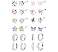 TINGN Pendientes de aro hipoalergénicos para niñas y mujeres, de acero inoxidable quirúrgico, con rosca, para orejas sensibles, bonitos aretes de corazón con circonita cúbica, perla, bola pequeña