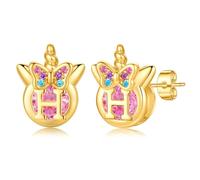 TINGN Pendientes de unicornio para niñas, hipoalergénicos, de plata de ley 925, con circonita cúbica rosa, aretes con inicial de unicornio para niños, regalos de cumpleaños para niñas y niños pequeños