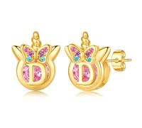 TINGN Pendientes de unicornio para niñas, hipoalergénicos, de plata de ley 925, con circonita cúbica rosa, aretes con inicial de unicornio para niños, regalos de cumpleaños para niñas y niños pequeños