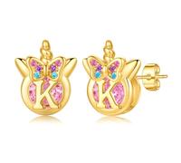 TINGN Pendientes de unicornio para niñas, hipoalergénicos, de plata de ley 925, con circonita cúbica rosa, aretes con inicial de unicornio para niños, regalos de cumpleaños para niñas y niños pequeños