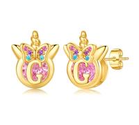 TINGN Pendientes de unicornio para niñas, hipoalergénicos, de plata de ley 925, con circonita cúbica rosa, aretes con inicial de unicornio para niños, regalos de cumpleaños para niñas y niños pequeños