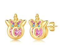 TINGN Pendientes de unicornio para niñas, plata de ley S925, hipoalergénicos, con inicial de mariposa, chapados en oro de 14 quilates, circonita cúbica, rosa, regalo de cumpleaños para niños y niñas