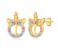 TINGN Pendientes de unicornio para niñas regalos - Plata 925 hipoalergénica arcoíris multicolor de circonia pendientes de botón con letras pendientes dorados joyería infantil regalo de unicornio para