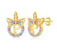 TINGN Pendientes de unicornio para niñas regalos - Plata 925 hipoalergénica multicolor arco iris zirconia pendientes con letras oro pendientes niños joyas unicornio regalo para niñas 5-12 años