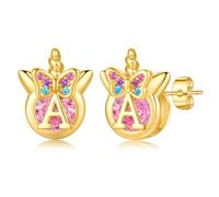 TINGN Pendientes de unicornio para niñas regalos - Plata 925 hipoalergénica multicolor arco iris zirconia pendientes con letras oro pendientes niños joyas unicornio regalo para niñas 5-12 años