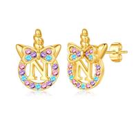TINGN Pendientes de unicornio para niñas regalos - Plata 925 hipoalergénica multicolor arco iris zirconia pendientes con letras oro pendientes niños joyas unicornio regalo para niñas 5-12 años