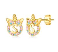 TINGN Pendientes de unicornio para niñas regalos - Plata 925 hipoalergénica multicolor arco iris zirconia pendientes con letras oro pendientes niños joyas unicornio regalo para niñas 5-12 años, 10mm x
