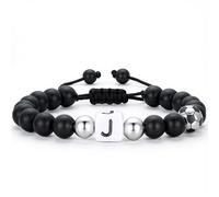 TINGN Pulsera de fútbol para hombres y niños - Pulsera de cuentas iniciales de piedra natural negra de 8 mm para hombre, pulsera deportiva de la A a la Z, regalos de fútbol para hombres, niños, novios