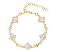 TINGN Pulsera de trébol chapada en oro de 14 quilates para mujer, cadena de extensión ajustable, pulsera de la suerte de cuatro hojas, regalo para adolescentes (rosa)