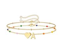 TINGN Pulseras con inicial de oro para mujer, delicadas pulseras chapadas en oro de 14 quilates con inicial en capas de corazón con letras A-Z, pulsera de cuentas coloridas, regalos de cumpleaños