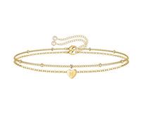 TINGN Pulseras de oro con inicial de corazón para mujeres y niñas, chapado en oro de 14 quilates, hecho a mano, pulsera de oro con forma de corazón en capas para mujeres, adolescentes y niñas, pulsera