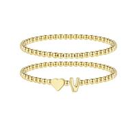 TINGN Pulseras de oro para mujer, chapado en oro de 14 quilates, pulsera de corazón con inicial A-Z, pulsera elástica de cuentas Doppellagig, pulsera de monograma personalizada, regalos de cumpleaños