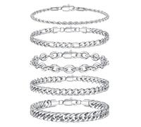 TINGN Pulseras de plata para hombre, acero inoxidable, resistente, cubano, Figaro, cadena de eslabones para hombre, regalo para hombres, él, papá, novio, marido, Acero inoxidable