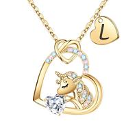 TINGN Regalo de unicornio para niña, cadena de unicornio con corazón de circonita, regalo para niñas, regalo de unicornio, cadena con letras, cadena para niñas, regalo de cumpleaños para niñas,