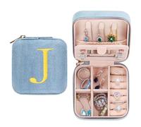 TINGN Regalo para mujeres - Joyero personalizado para mujer con inicial J flor pequeña joyero de viaje con espejo regalo para cumpleaños, Navidad Día de la Madre