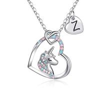 TINGN Regalo para Niñas Collar de Unicornio, Chapado en Oro Blanco de 14 Quilates CZ Corazón Colgante, Cadena Inicial Joyería Regalos de cumpleaños para Mujer