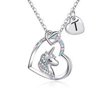 TINGN Regalo para Niñas Collar de Unicornio, Chapado en Oro Blanco de 14 Quilates CZ Corazón Colgante Unicornio Collares para Mujer Cadena Inicial T Unicornio Regalos de cumpleaños para Niñas Joyería