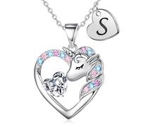 TINGN Regalos de unicornio para niñas, collares chapados en oro blanco de 14 quilates con inicial de corazón para niñas, joyería de unicornios para niños, joyería de cumpleaños, regalo de Pascua para